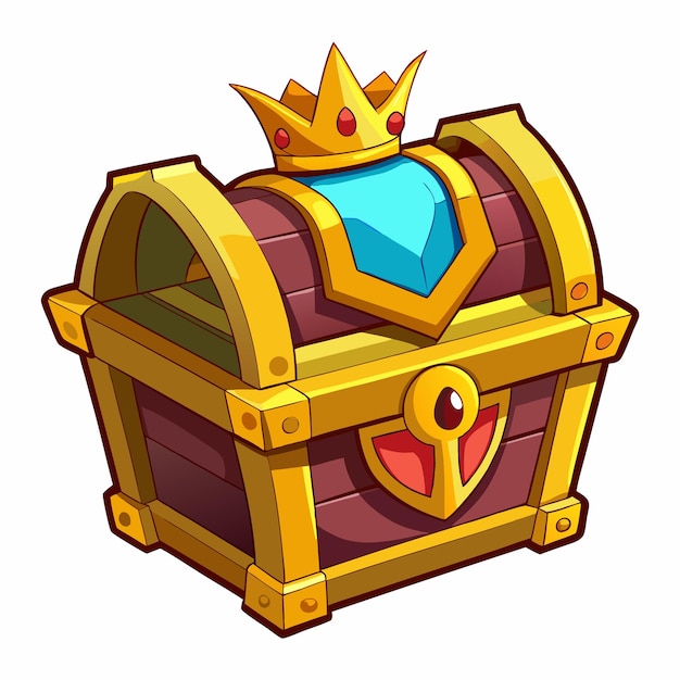 Treasure Chest with Crown and Jewel Decoration Iconic Cartoon Illustration