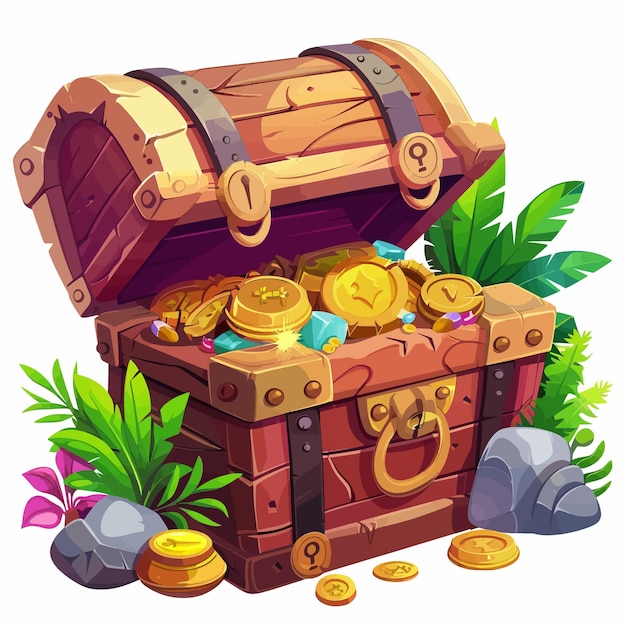 Vector a treasure chest with a trunk full of gold coins