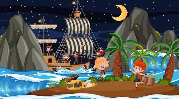 Treasure Island scene at night with Pirate kids