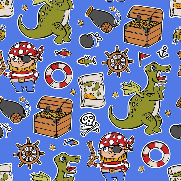 TREASURE MAP Marine Pirate Dino Cartoon Hand Drawn Pattern