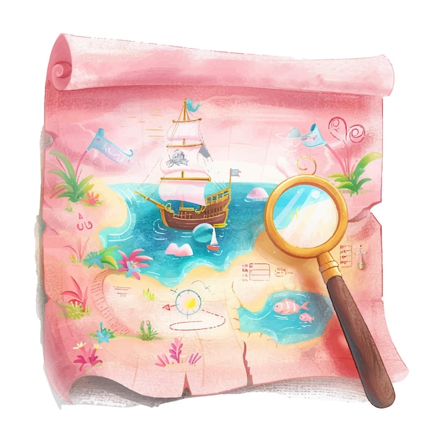 treasure map with magnifying glass white background 16