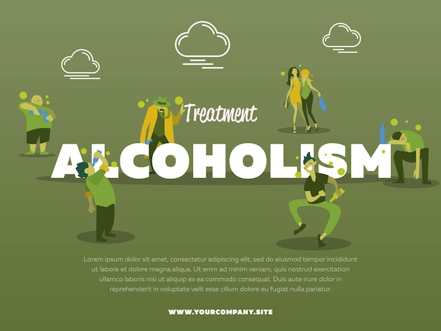 Treatment alcoholism poster template with drunk alcoholic illustration