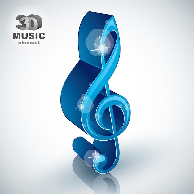 Treble clef 3d blue music design element, vector illustration, image contain transparent shadows reflections and flares  – ready to put over any background.