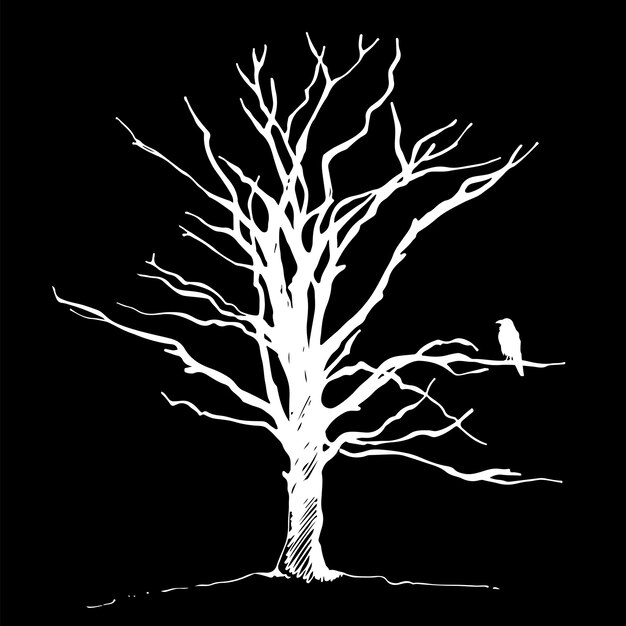 Vector tree and bird raven silhouette hand drawn vector illustration