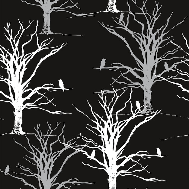 Vector tree and bird raven silhouette pattern hand drawn vector illustration