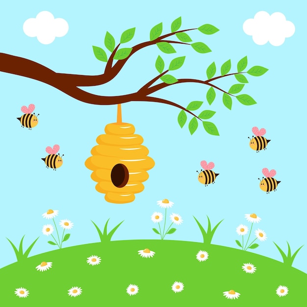 Tree branch with beehive and cute bees on the meadow full of chamomiles Summer landscape Vector il