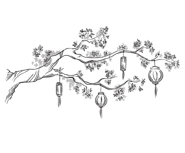 Tree branch with Chinese lanterns vector line drawing