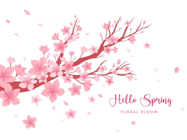 Vector tree branch with pink flowers and the words spring blooming