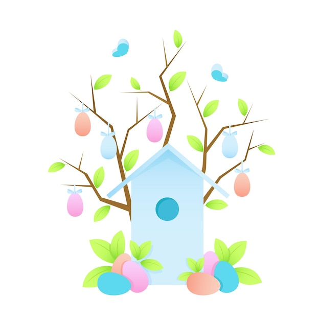 Tree branches with Easter eggs and birdhouse