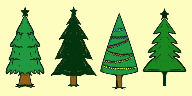 Tree christmas Collection set Doodle Illustration cartoon sketch colorful for tattoo, stickers, etc