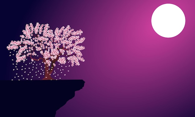 A tree on a cliff with a full moon in the background vector illustration