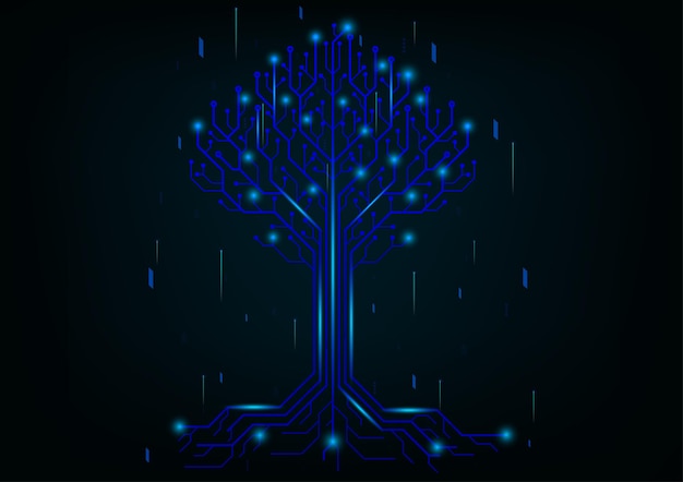 Tree data network technology on green dark background Technology tree circuit board connection