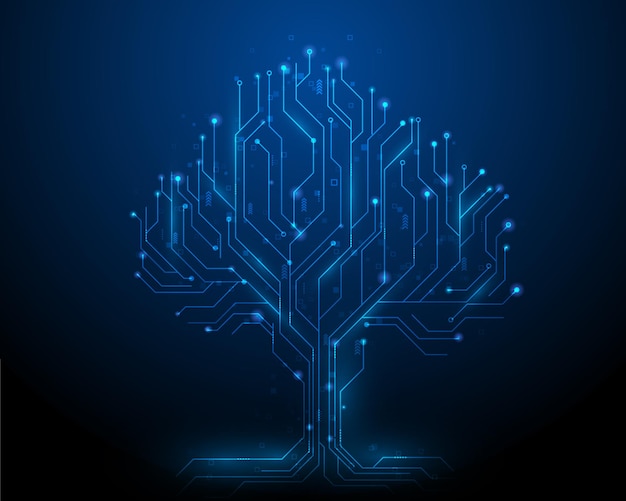 Tree data technology on blue dark background digital circuit board internet connection.