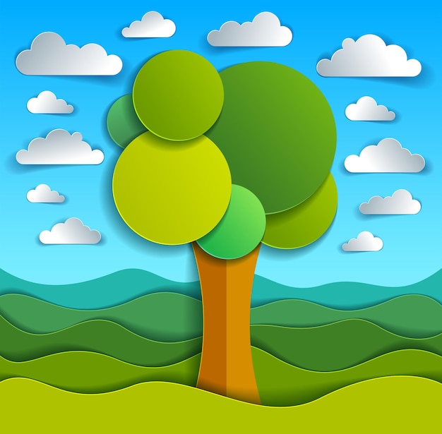 Tree in the field scenic nature landscape cartoon modern style paper cut vector illustration.