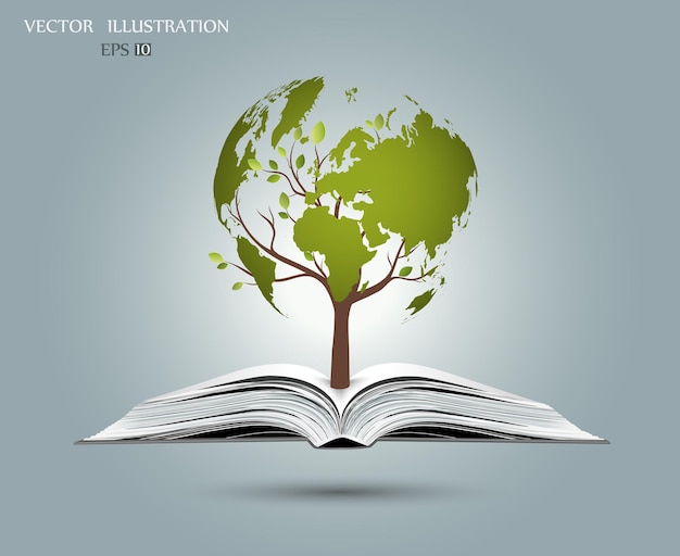 Tree in the form of a map of the world on an open book Globe on a tree Ecology concept