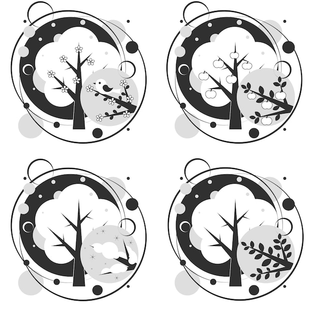 Tree and four seasons spring summer autumn winter in gray tones Art Tree Nice for your design