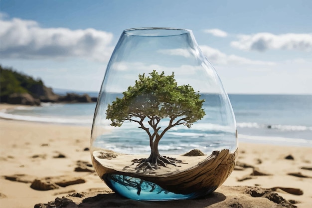 a tree in a glass with a beach scene in the background