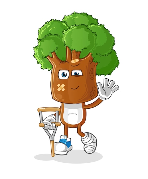 Tree head cartoon sick with limping stick cartoon vector