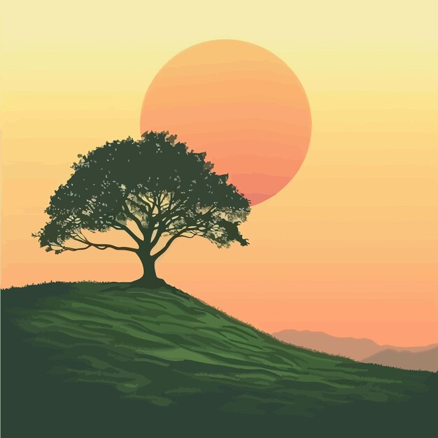 Vector a tree on a hill with a sunset in the background