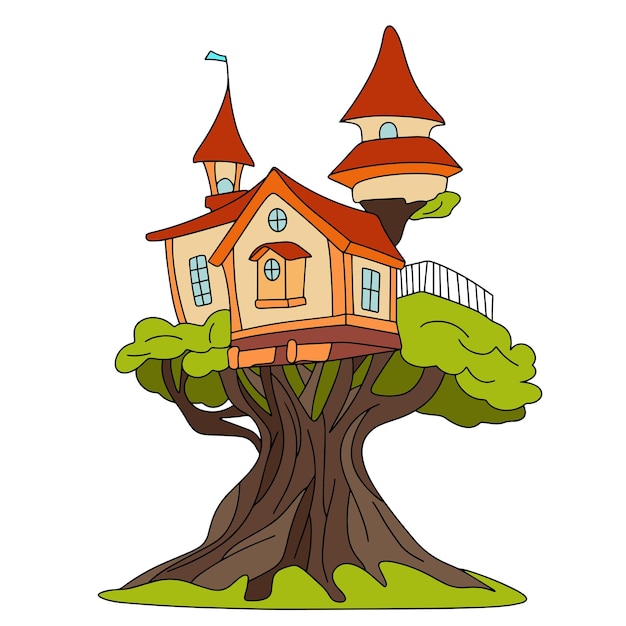 Tree house colored outline Hand drawn house on three isolated on white background Doodle house