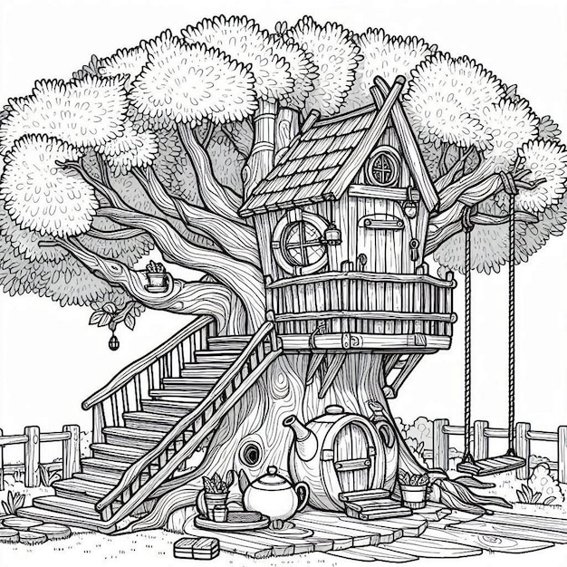 Vector tree house coloring page