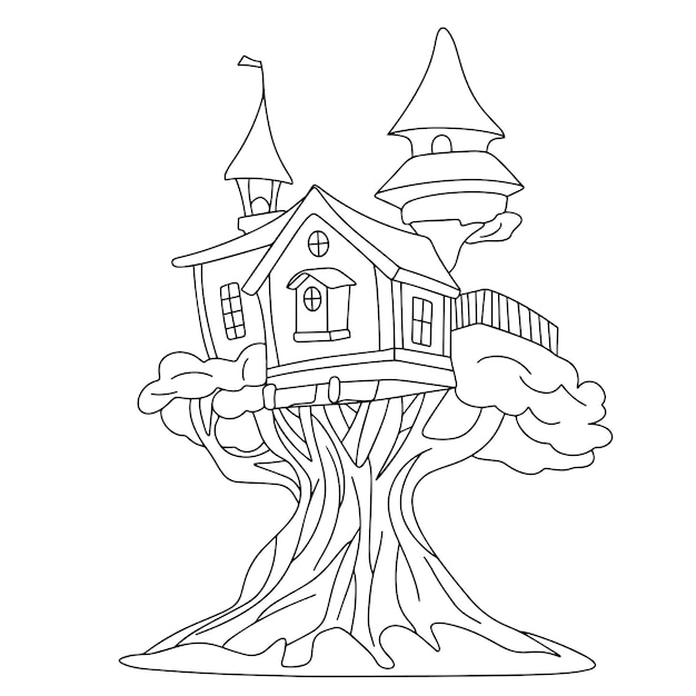 Tree house in doodle style Hand drawn outline house on tree Vector illustration