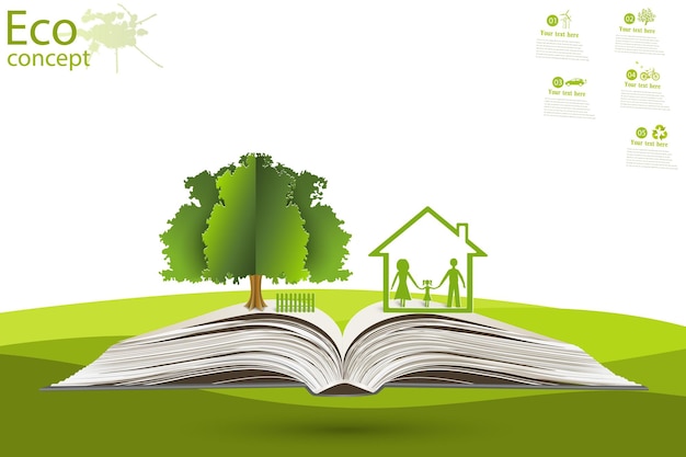 The tree and the house above an open book on green grass The concept of ecology to save the planet