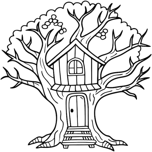 Vector tree house vector silhouette line art style