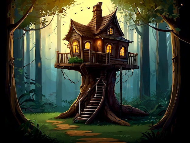 a tree house with a house on the top of it