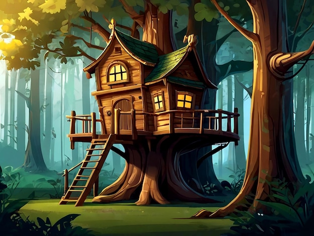 a tree house with a tree house on the top