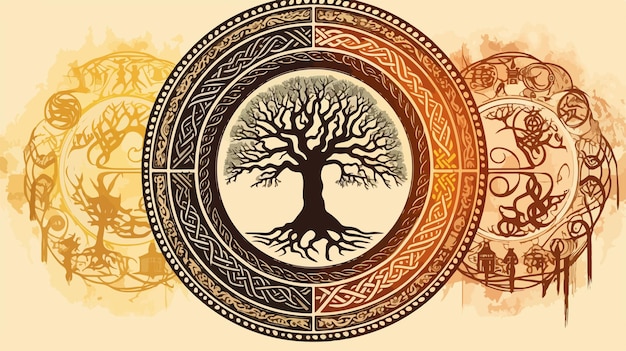 Tree of Life Circle with Yggdrasil and Norse Futhark Runes