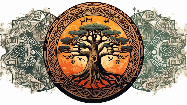 Vector tree of life circle with yggdrasil and norse futhark runes