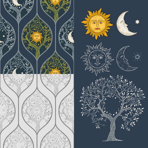 Tree of life Sun and Moon Day and Night seamless pattern