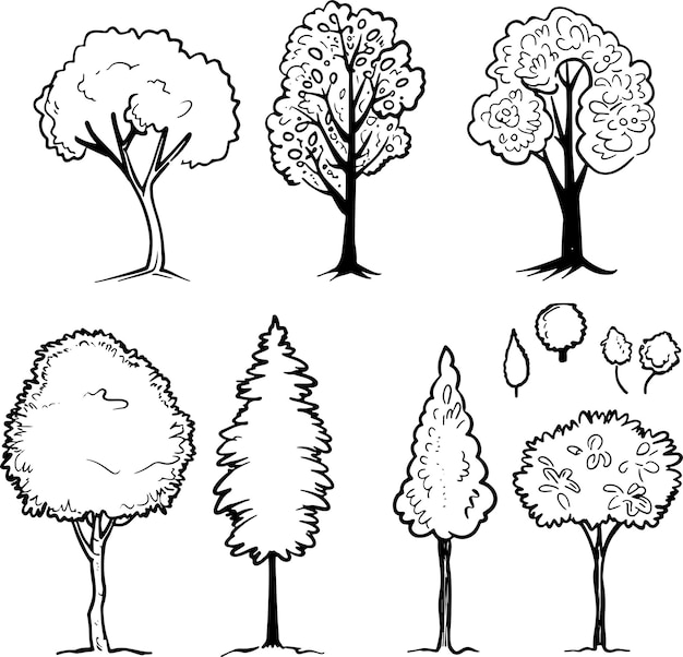 Vector tree line art silhouette black and white vector illustration collection