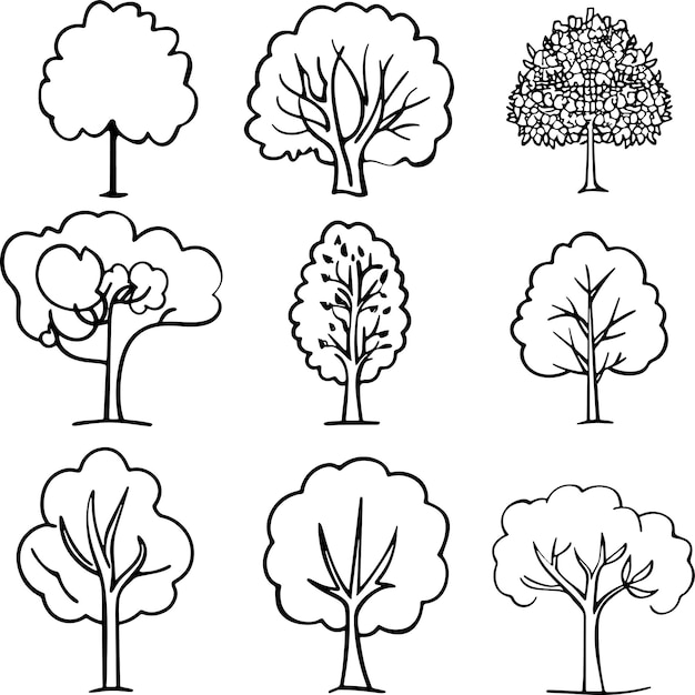 Vector tree line art silhouette black and white vector illustration collection