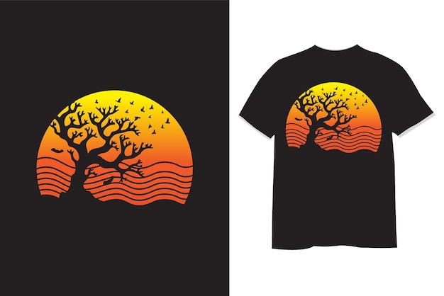 tree retro sunset vintage t shirt design