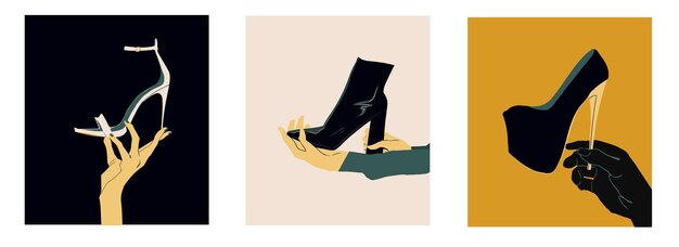 Vector tree shoes holded by hands luxury heels pairs black emerald green gold colors trendy vector illustra