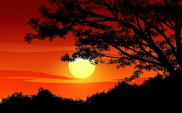 Tree silhouette against red sunset