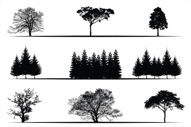 Tree silhouettes set, Vintage trees and forest silhouettes Collection in monochrome style isolated