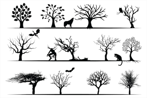 Tree silhouettes set, Vintage trees and forest silhouettes Collection in monochrome style isolated