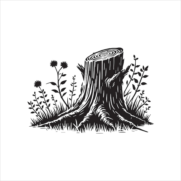 Tree Stump Clipart A tree stump with a small bird vector illustration in black and white