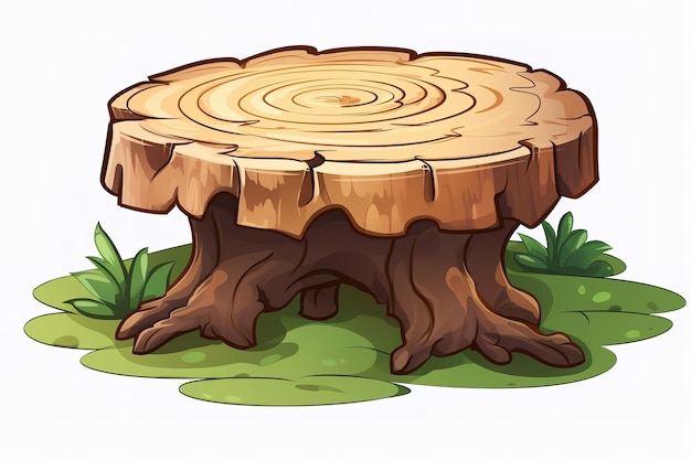 Tree stump with grass Watercolor realistic illustration Tree cut trunk with green moss and grass