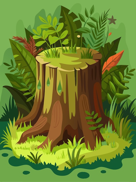 a tree stump with a green background and a water droplet in the middle