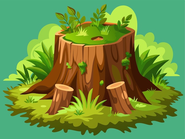 a tree stump with a green background with a tree stump in the middle