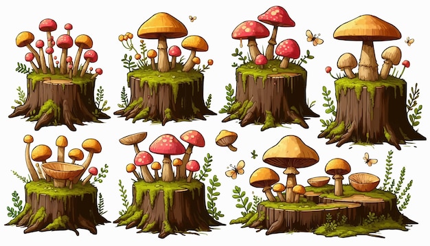 Vector a tree stump with mushrooms and a mushroom on it