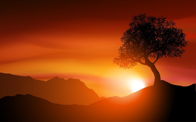 Tree sunset landscape with red glowing sky