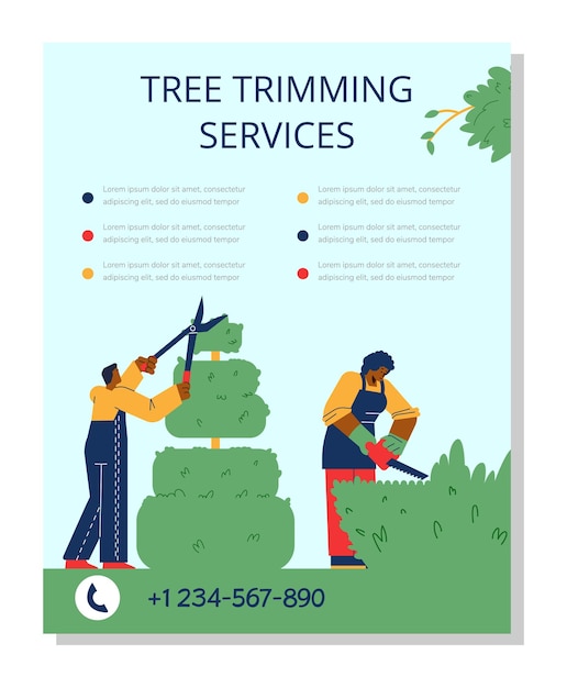 Tree trimming and pruning services banner or leaflet flat vector illustration