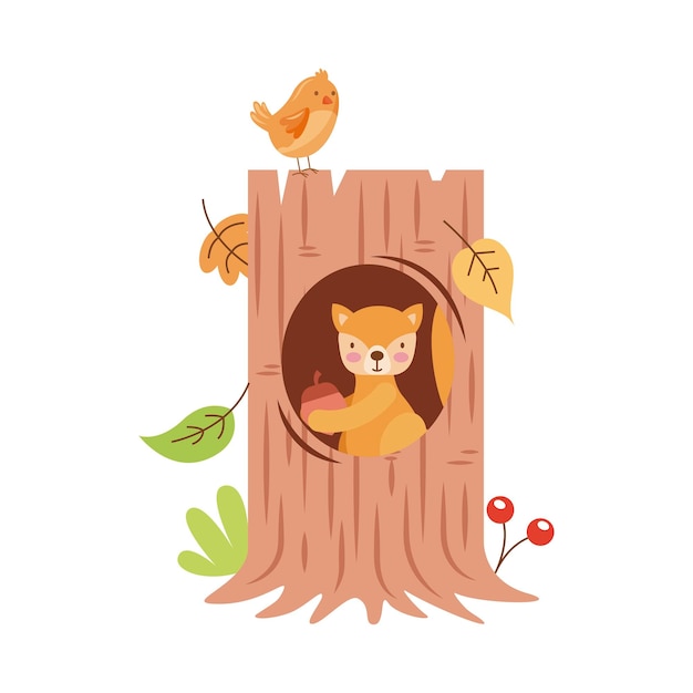 Tree trunk with squirrel vector