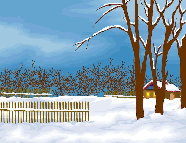 tree in winter snow vector illustration village fence in winter vector illustration