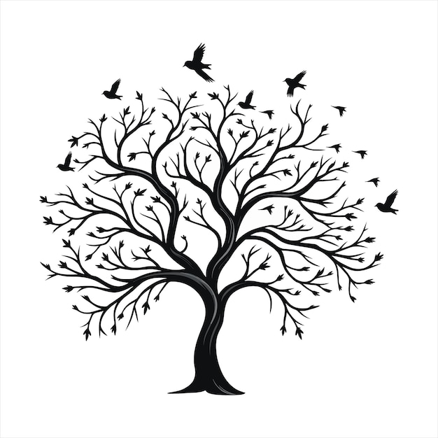 a tree with birds flying around it and a drawing of a tree